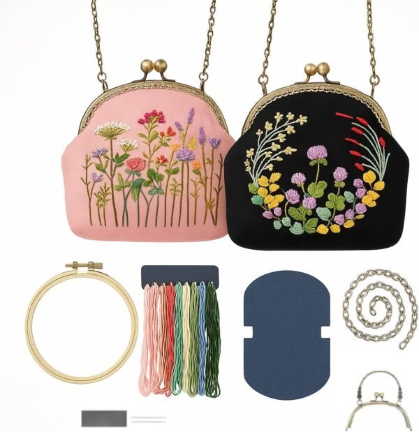 DIY Embroidery Kit for Handmade Bags – 2 Complete Sets with Threads, Needles, Hoop, Patterns & Instructions - Beginner Friendly Craft Kit for Custom Handmade Purses