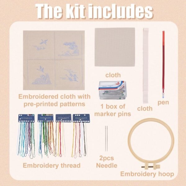 4 Sets Embroidery Kit for Beginners,Asian Style Cranes Cherry  DIY Sewing Coasters with Printed Pattern,Embroidery Hoop,Thread for Women Unique Stitchwork Housewarming Gift,5x5