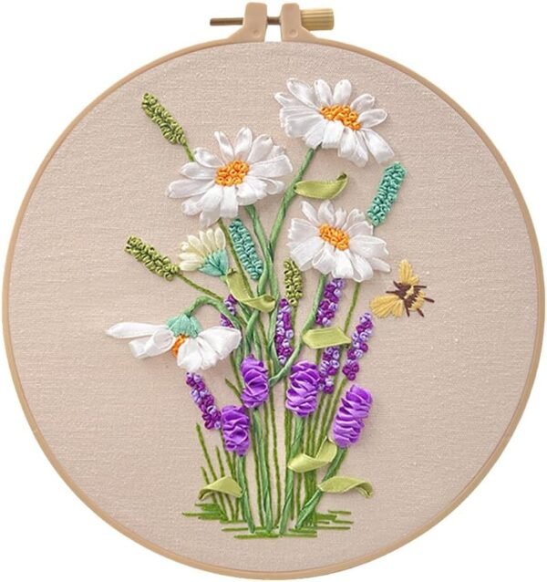 Ribbon Embroidery Stitch Practice Kit, Embroidery Kit for Adult Beginners, Include Embroidery Cloth Hoops Threads for Craft Lover with Embroidery Skill Techniques Type 3
