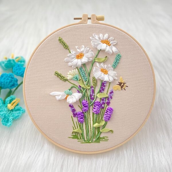 Ribbon Embroidery Stitch Practice Kit, Embroidery Kit for Adult Beginners, Include Embroidery Cloth Hoops Threads for Craft Lover with Embroidery Skill Techniques Type 3