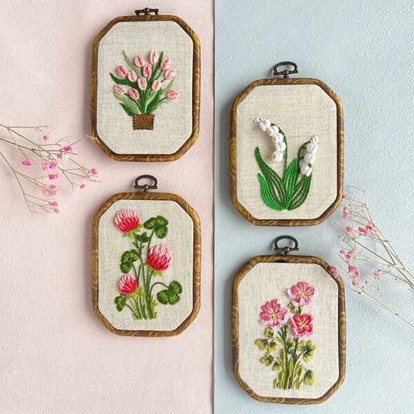 4 Pack Embroidery Starter Kit for Beginners Adults, Stamped Cross Stitch Kits with Embroidery Hoop and Instructions, Hand Embroidery Kit(C-Lily of The Valley，Blue/Pink Flower) - Image 2