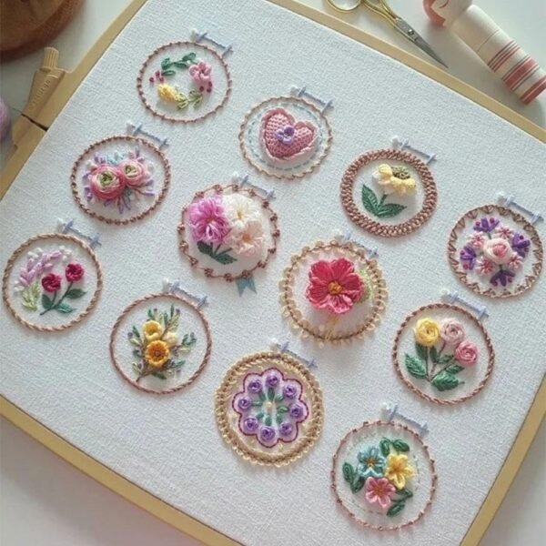 Small Flower Frame Embroidery Kit,Embroidery Starter Kits,Easy 3D Flowers Stitch Embroidery Kit,Learn 12 Different Stitches DIY Kits, Hand Floral Embroidery Starter Kit for Beginners (12 Patterns)