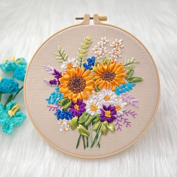 Embroidery Kit for Adults, Ribbon Embroidery Stitch Practice Kit with Embroidery Cloth Hoops, Threads, Skill Techniques Type 4