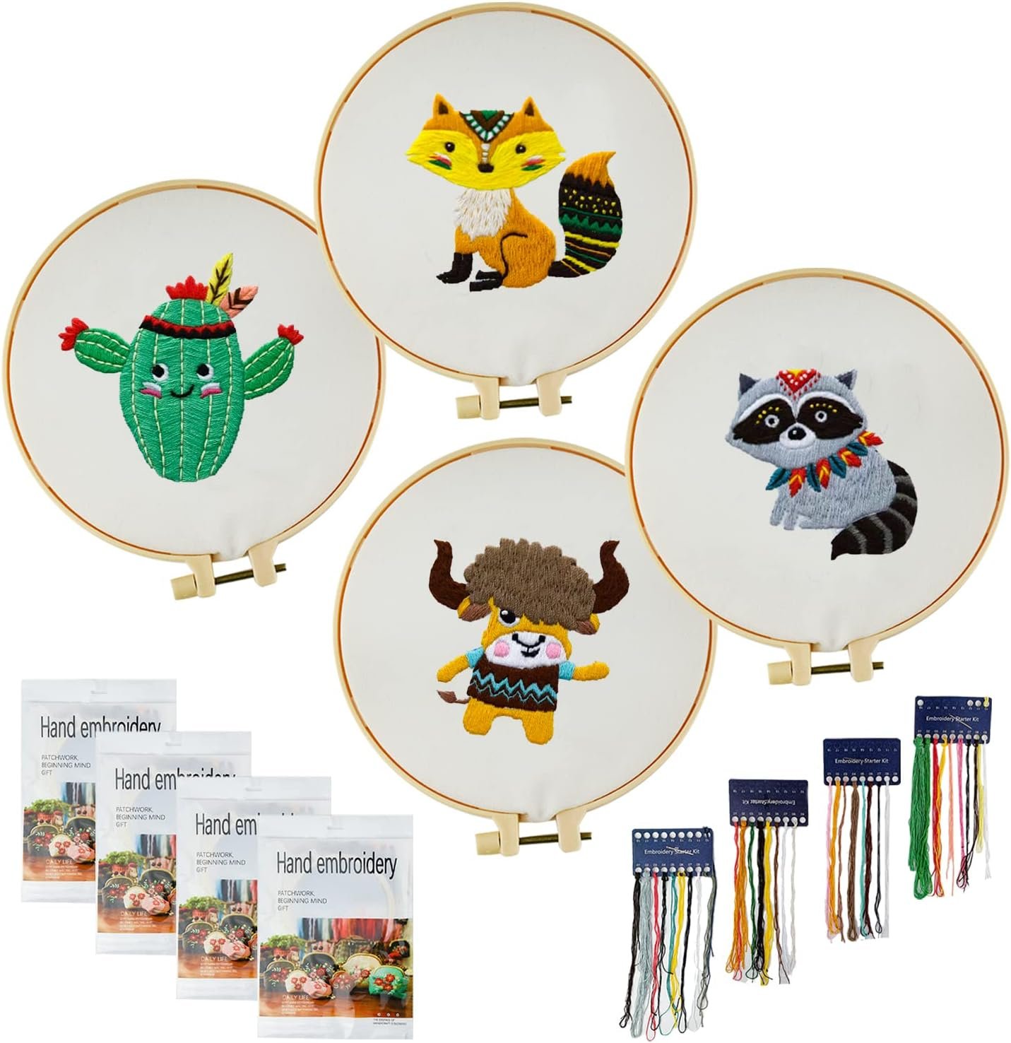 4 Set Embroidery Stitching Kits, 6 Inch Animal Embroidery Pattern Beginner Embroidery Kit, Embroidery Materials All Contain, Craft Sewing Gifts for Children Aged 7-13