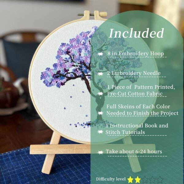 Crewel Embroidery Kit for Beginners, Seasonal Tree Pre-Stamped Pattern Kits for Adults with Hoop, Easy to Follow Color Thread Needlework, 8'' (Purple) - Image 2
