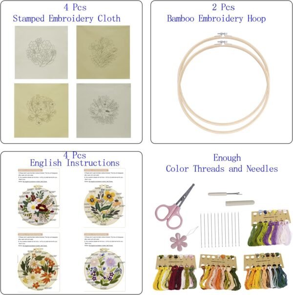 4 Sets Embroidery Kit for Beginners Art Craft Handy Sewing Include Embroidery Clothes with Pattern, Hoops, Instructions,Color Threads Needle Kit (Multi 1)