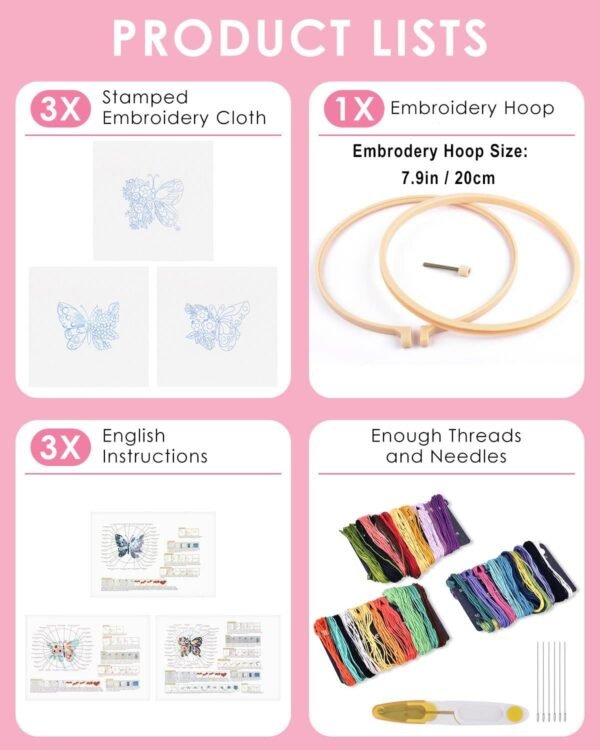 3 Sets Embroidery Stitch Practice kit, Butterfly Flower Embroidery Kit for Beginners Include Cloth Hoops Threads for Craft Lover Hand Stitch with Embroidery Skill Techniques