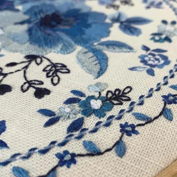 Blue Floral Embroidery Kit,Hand DIY Blue and White Porcelain Flowers Border Pattern Embroidery Kit Indigo Flower Cross Needle Point Embroidery Kit for Beginners Craft Lovers (Blue and White) - Image 2