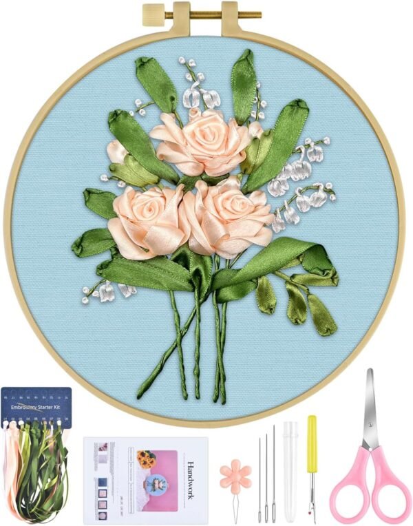Beginners Embroidery Kit, Silk Ribbon Flower Cross Stitch Set for Adult Include Embroidery Cloth Hoops Threads for Craft Lover Hand Stitch (Flowery)