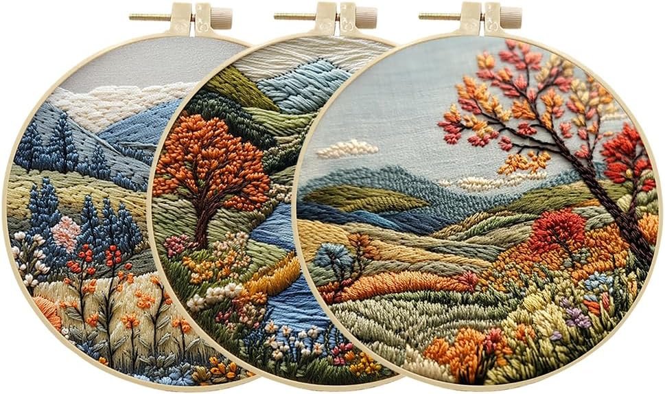 Landscape Embroidery Kits for Beginners, Embroidery Kits for Beginners Adults, Beginners Embroidery Starter Kit with Pattern, Needle Thread DIY Embroidery Material Kit