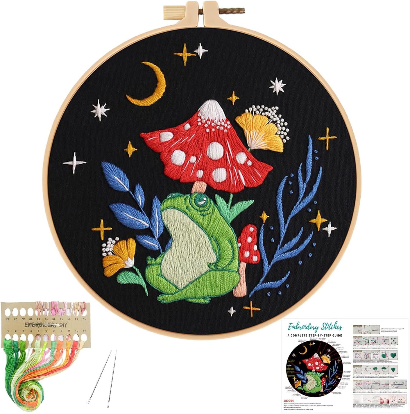 Mushroom Frog Embroidery Kits for Beginners Adults,Art Night Pattern Cross Stitch Kit,DIY Needlepoint for Starter
