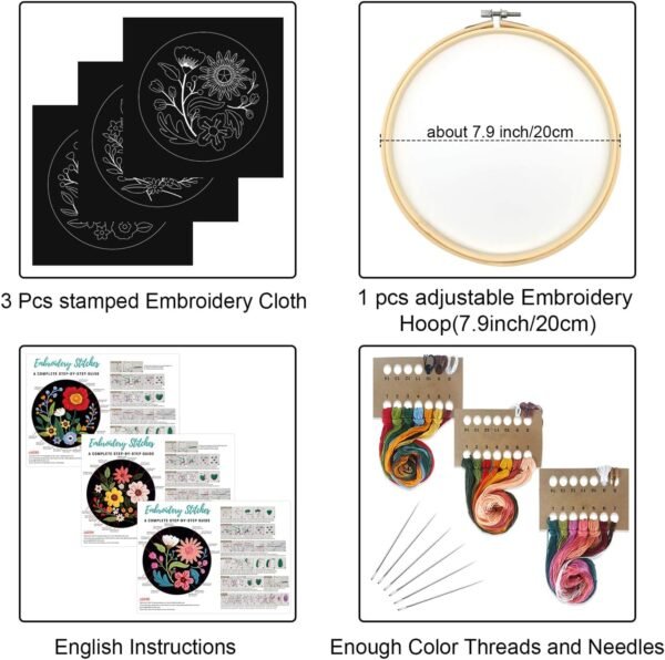 3 Sets Flowers Embroidery Kits for Beginners,Cross Stitch Kit for Adults,Crewel Starters Needlepoint with Floral Pattern,Hoop,Threads and Instruction