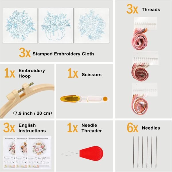 Embroidery Kit for Beginners, 3 Sets Stamped Cross Stitch Kits for Beginner, Floral Pattern Embroidery Starter Kits for Adults with Embroidery Hoop Instructions Threads and Needles Scissors - Image 2