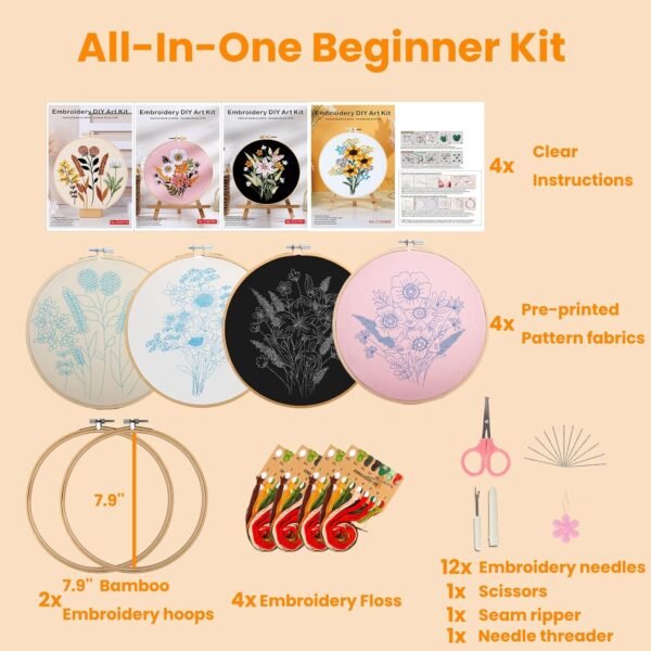 4 Pack Embroidery Kits for Adults, Floral Embroidery Kit for Beginners with Clear Instructions, 2 Bamboo Embroidery Hoops, Stamped Patterns, Colorful Threads, Tools