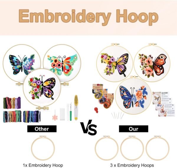 3 Sets Butterfly Embroidery Kit for Beginners Adults, Stamped Cross Stitch Kits for Beginners Include Embroidery Fabric Embroidery Hoop Threads and Needles - Image 2