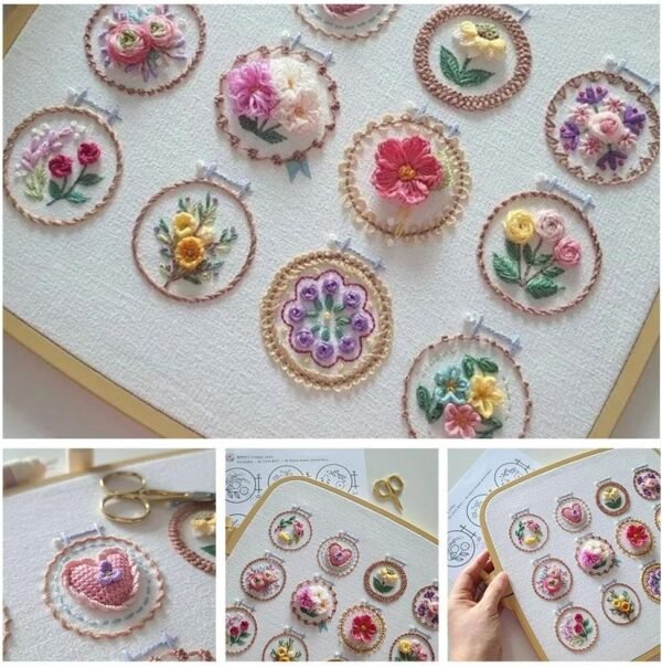 Small Flower Frame Embroidery Kit,Embroidery Starter Kits,Easy 3D Flowers Stitch Embroidery Kit,Learn 12 Different Stitches DIY Kits, Hand Floral Embroidery Starter Kit for Beginners (12 Patterns)