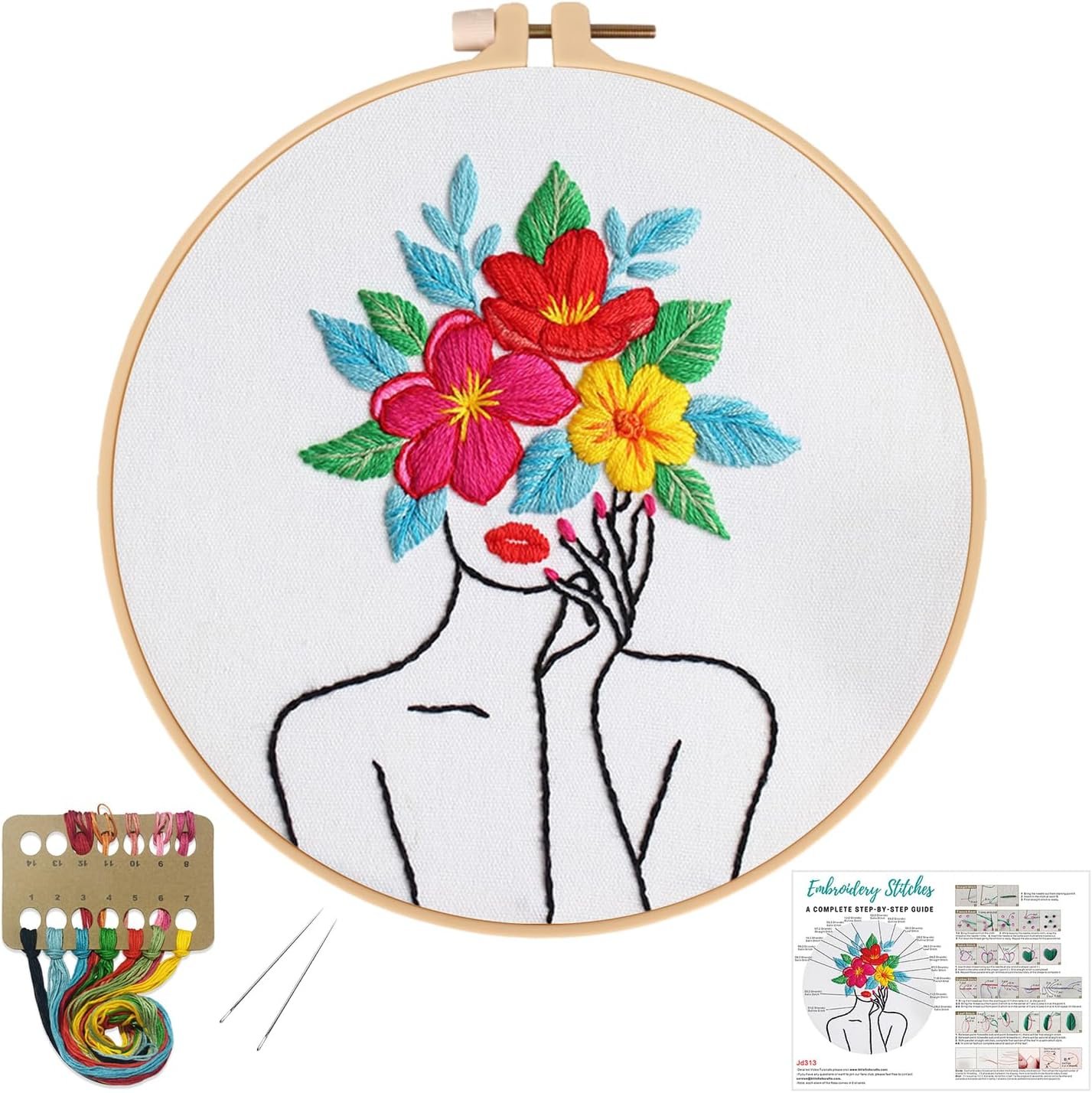 Floral Embroidery Kits for Beginners,Woman Flowers Pattern Cross Stitch kit for Adults,DIY Needlepoint for Starters,Including Hoop,Instruction and Threads