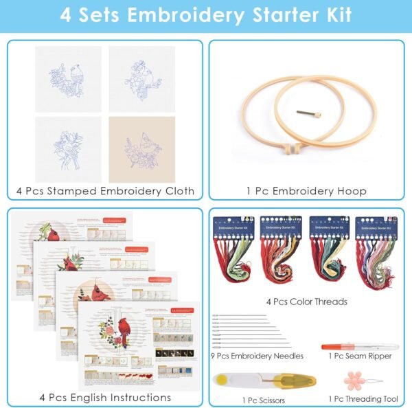 4 Sets Embroidery Kit, Animal Cross Stitch Set for Include Embroidery Cloth Hoops Threads for Craft Lover Hand Stitch (Cardinal)