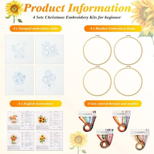 4 Sets Sunflowers Embroidery Kit for Beginners, Cross Stitch Kits for Adults with Summer Flowers Bee Gnome Stamped Pattern, Include Needlepoint Cloth Hoops Needles Threads Instruction Paper