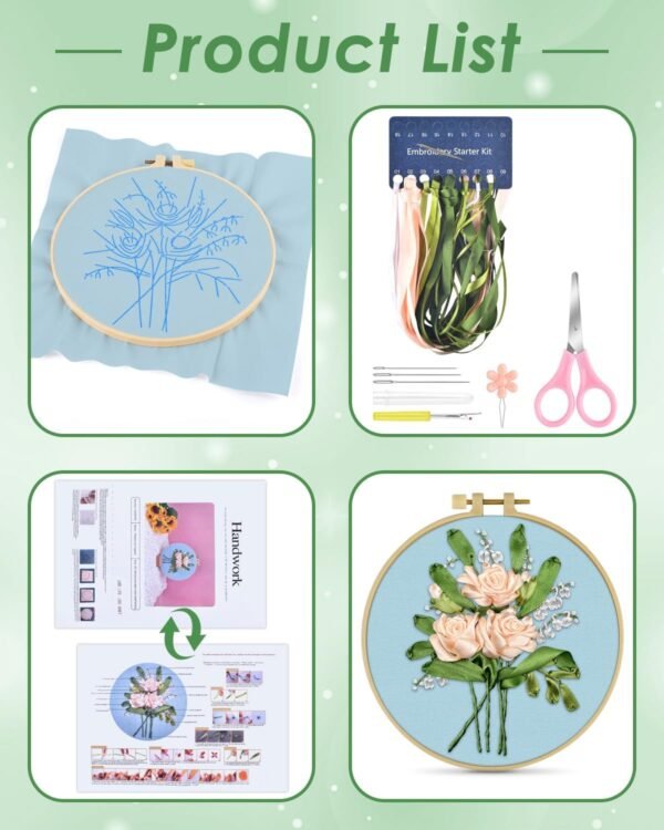 Beginners Embroidery Kit, Silk Ribbon Flower Cross Stitch Set for Adult Include Embroidery Cloth Hoops Threads for Craft Lover Hand Stitch (Flowery)
