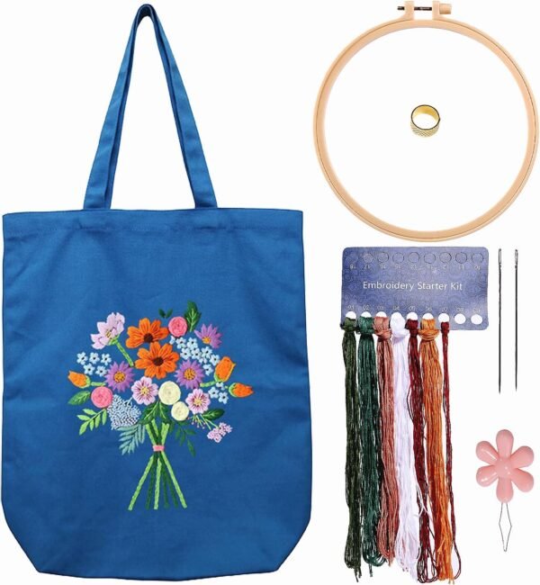 Canvas Tote Bag Embroidery Kit with Pattern for Beginners, Arts and DIY Embroidery Crafts Kits for Adults, Include Instructions, Thimble, Embroidery Hoops, Color Threads and Tool