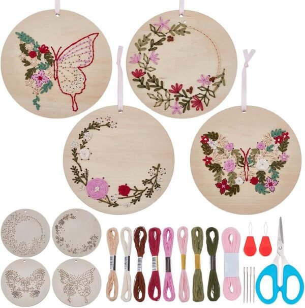 4 Sets Wood Stitched String Art Kit with Floral Butterfly Pattern for Beginners, DIY Wooden Cross Stitch Ornament Kits Needlepoint Embroidery Set Home Hanging Decor Gift