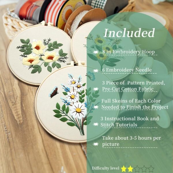 Embroidery Kit for Beginners，Plants Flowers Pre-Stamped Pattern Kits for Adults with Hoop, Easy to Follow Needlework (3 Set)