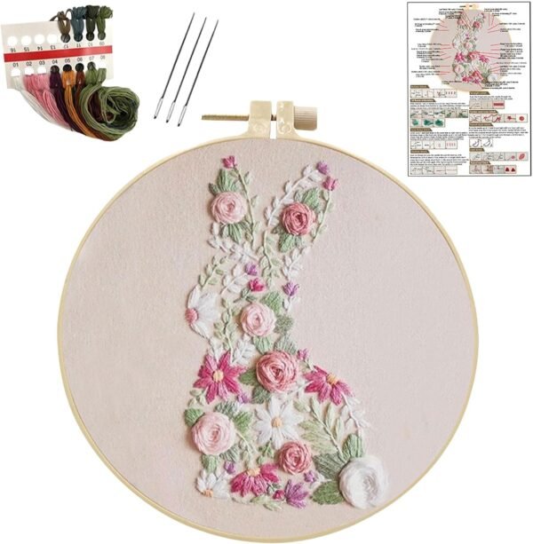 Bunny in Bloom Easter Embroidery Kit for Beginners, Embroidery Kits for Adults,DIY Hand Bunny Embroidery Easter Cross Stitch Starter Set with Pattern,Threads,Needles,Instruction,20cm Hoop