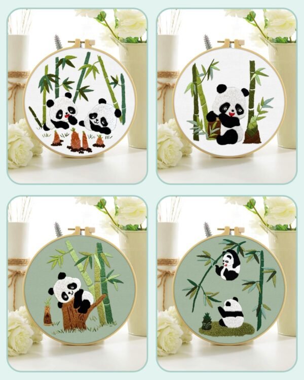 4 Sets Embroidery Kit for Beginners, Animal Cross Stitch Set for Adult Include Embroidery Cloth Hoops Threads for Craft Lover Hand Stitch (Panda)