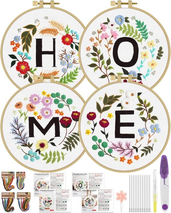 4 Sets Embroidery Kit for Adults Beginners, DIY Starter Cross Stitch Set for Include Needlepoint Stamped Patterns Cloth Hoops Threads for Craft Lover Hand Stitch(Home)