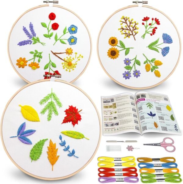 3 Sets Leaves and Flowers Embroidery Kit for Beginners, Beginner Embroidery Kit for Adults, Learn to Embroider Kit Adult Beginner, Stitches Kit