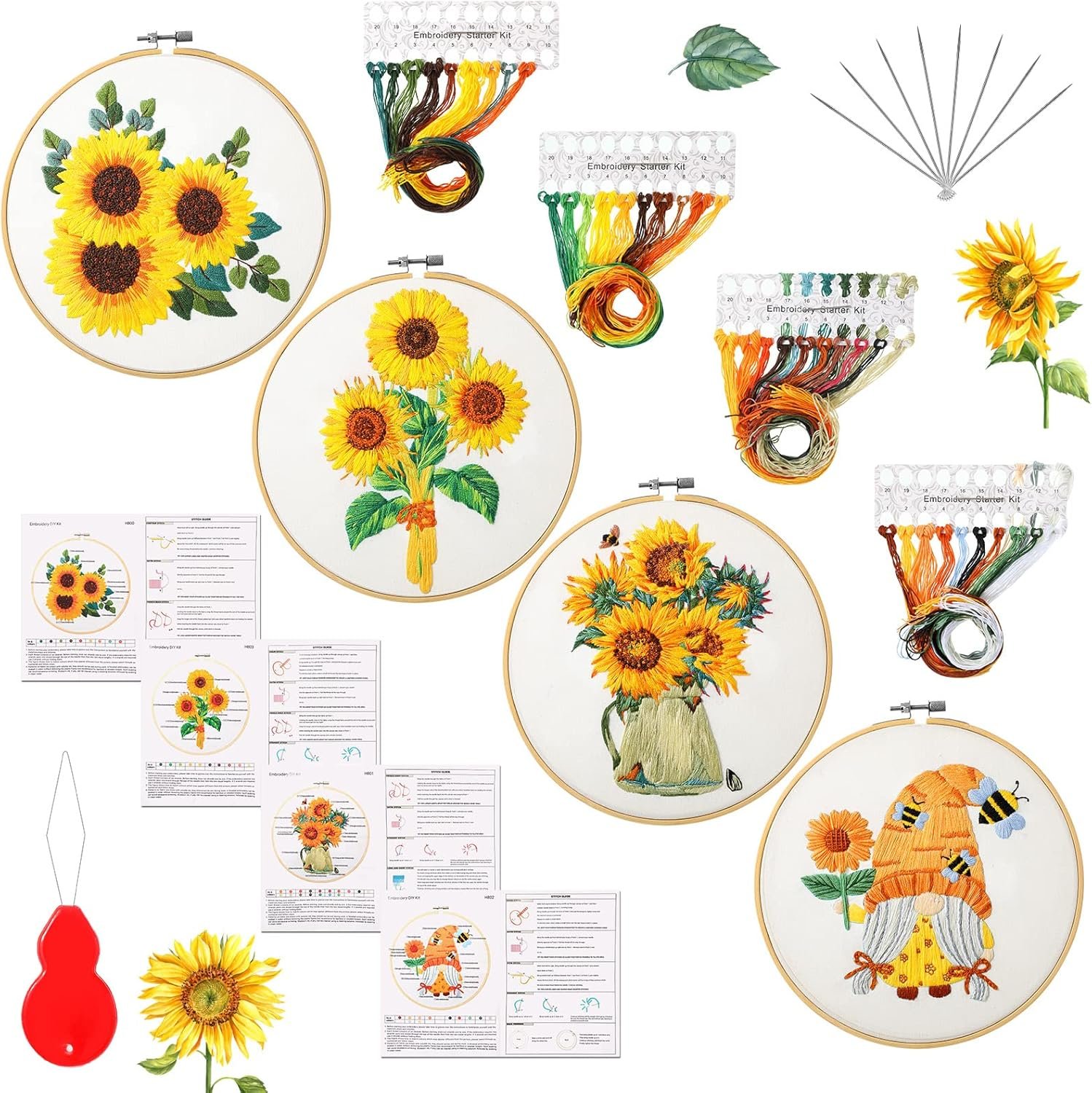 4 Sets Sunflowers Embroidery Kit for Beginners, Cross Stitch Kits for Adults with Summer Flowers Bee Gnome Stamped Pattern, Include Needlepoint Cloth Hoops Needles Threads Instruction Paper