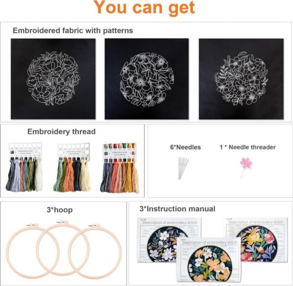 Embroidery Kit, Set of 3 Decorative Hoops with Black Background, Colorful Flower Patterns - Image 2