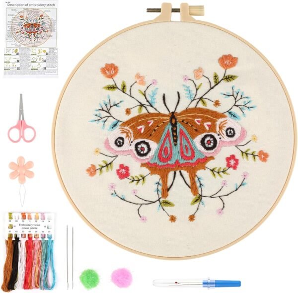 Embroidery Starter Kit for Beginners Adults: DIY Butterfly Cross Stitch Kit for Craft Lover Learn Hand Stitch, Includes Stamped Pattern,Hoop, Easy to Follow Instruction and Video