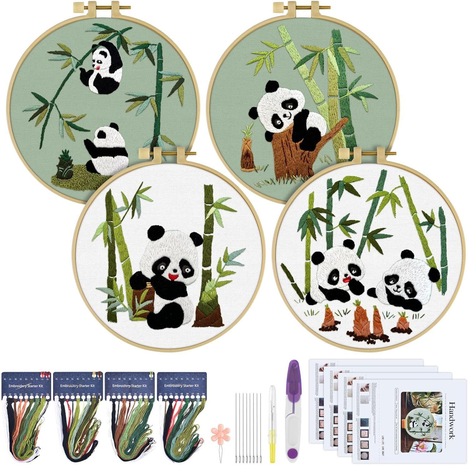 4 Sets Embroidery Kit for Beginners, Animal Cross Stitch Set for Adult Include Embroidery Cloth Hoops Threads for Craft Lover Hand Stitch (Panda)