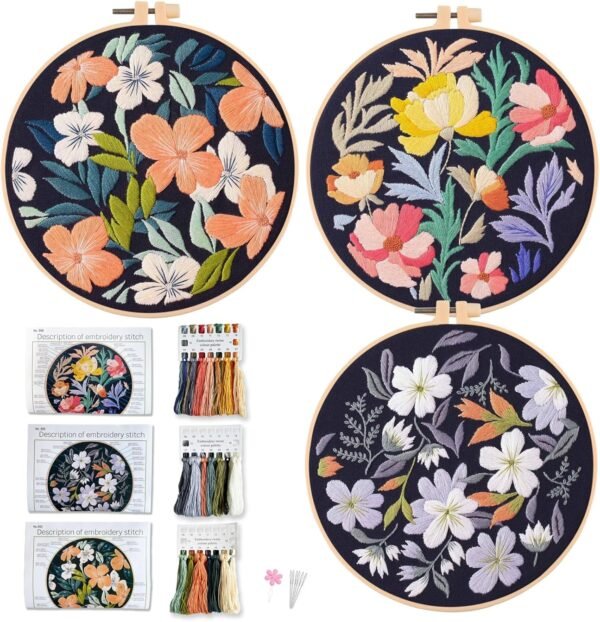Embroidery Kit, Set of 3 Decorative Hoops with Black Background, Colorful Flower Patterns