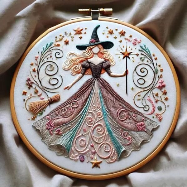 Pink Witch Embroidery Kit,Embroidery Material Set with Beautiful Pink Witch Patterns,DIY Hand Embroidery Set,A Magical for All Skill Levels (F) - Image 2