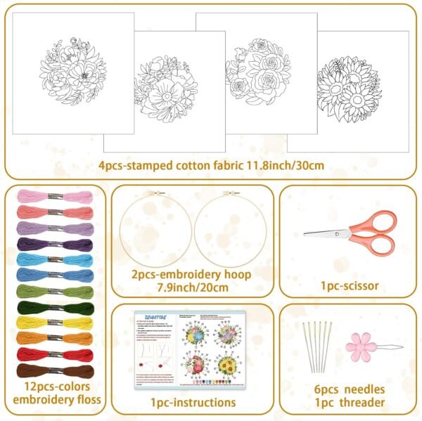 Flower Embroidery Kit for Beginners with Flower Patterns Cotton Linen, Multicolor, 4 Pieces, Non-Foldable