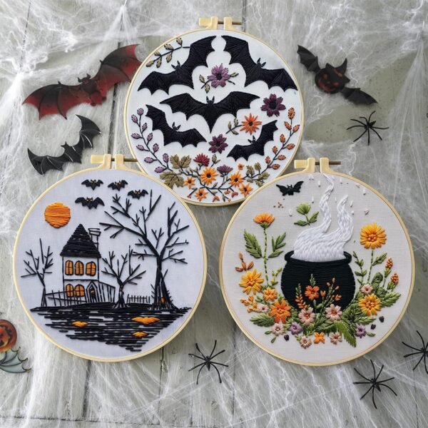 Halloween Embroidery Kit, Halloween Cross Stitch Kit, 4 Set Gothic Embroidery Starter Kit for Beginners, Unisex, 6 Inch, Cross Stitch, Needlepoint, DIY, Craft Kit (4 Set)