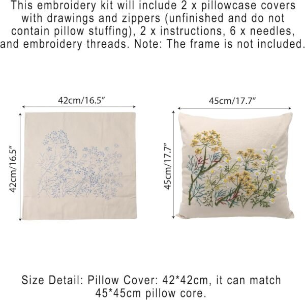 2 Set of Embroidery Pillow Kit Including Pillowcase Cover Cushion Case with Large Drawings and Zipper, Threads, Needles & Instruction Kits for Lace Crewel Craft (Lavender Design, No Pillow Core)
