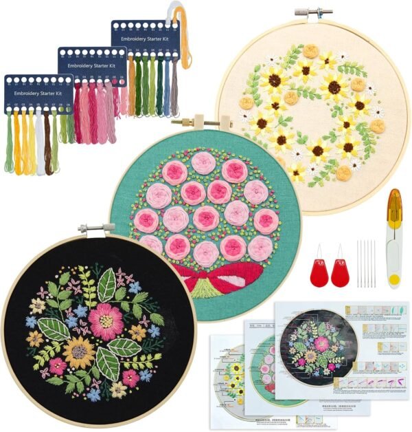 3 Sets Embroidery Stitch Practice kit for Beginners Adults, Flower Stitch Starter Kits Set for Adults with Embroidery Skill Techniques