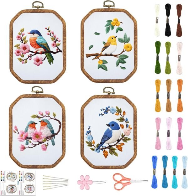 4 Set Embroidery Kit for Beginners Adults, DIY Hummingbird and Flower Embroidery Starter Kit with Stamped Patterns Instructions Embroidery Hoop Needles Threads for Crafting