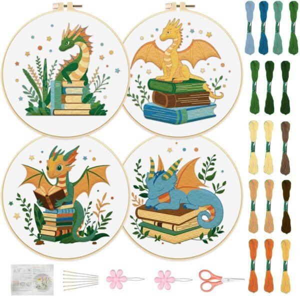 4 Set Book Embroidery Kit with Stamped Cartoon Dragon and Book Pattern Embroidery Kit for Beginners Instructions Included Cross Stitch Kit Embroidery Starter Kit for Adults 20cm