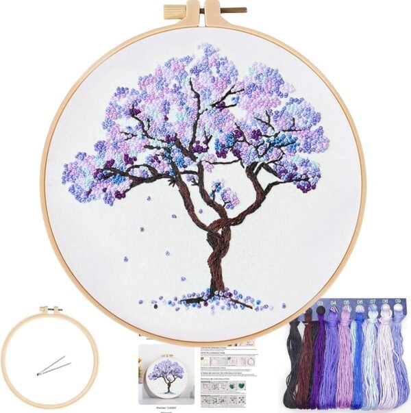 Crewel Embroidery Kit for Beginners, Seasonal Tree Pre-Stamped Pattern Kits for Adults with Hoop, Easy to Follow Color Thread Needlework, 8'' (Purple)