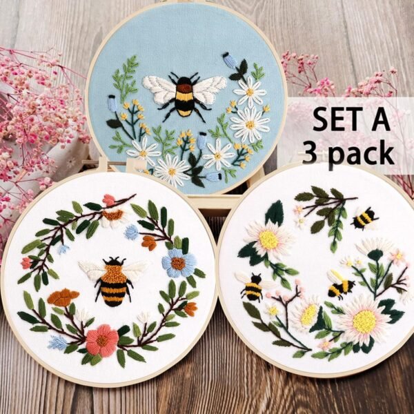 Embroidery Starter Kit for Beginners, 3 Sets Cross Stitch Kits for Adults, Include Embroidery Clothes with Cute Bees and Flowers Patterns, 1 Embroidery Hoop, Threads, Needles and Instruction