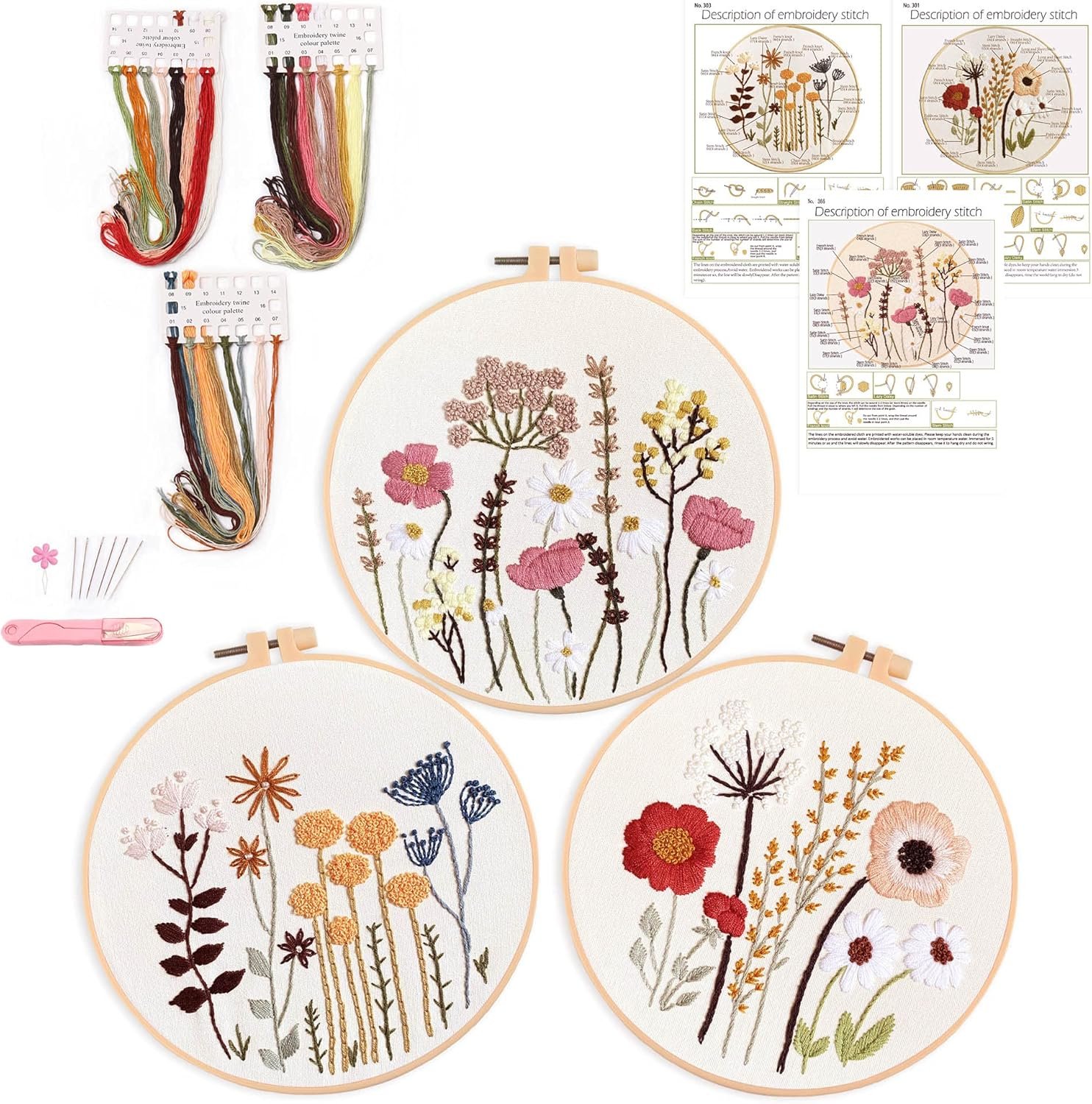 3 Pack Embroidery Kit for Beginners , Floral Plant Pattern,Cross Stitch Kits Set , Including Stamped Embroidery Cloth with 3 Embroidery Hoops, Color Threads and Tools (Flower)