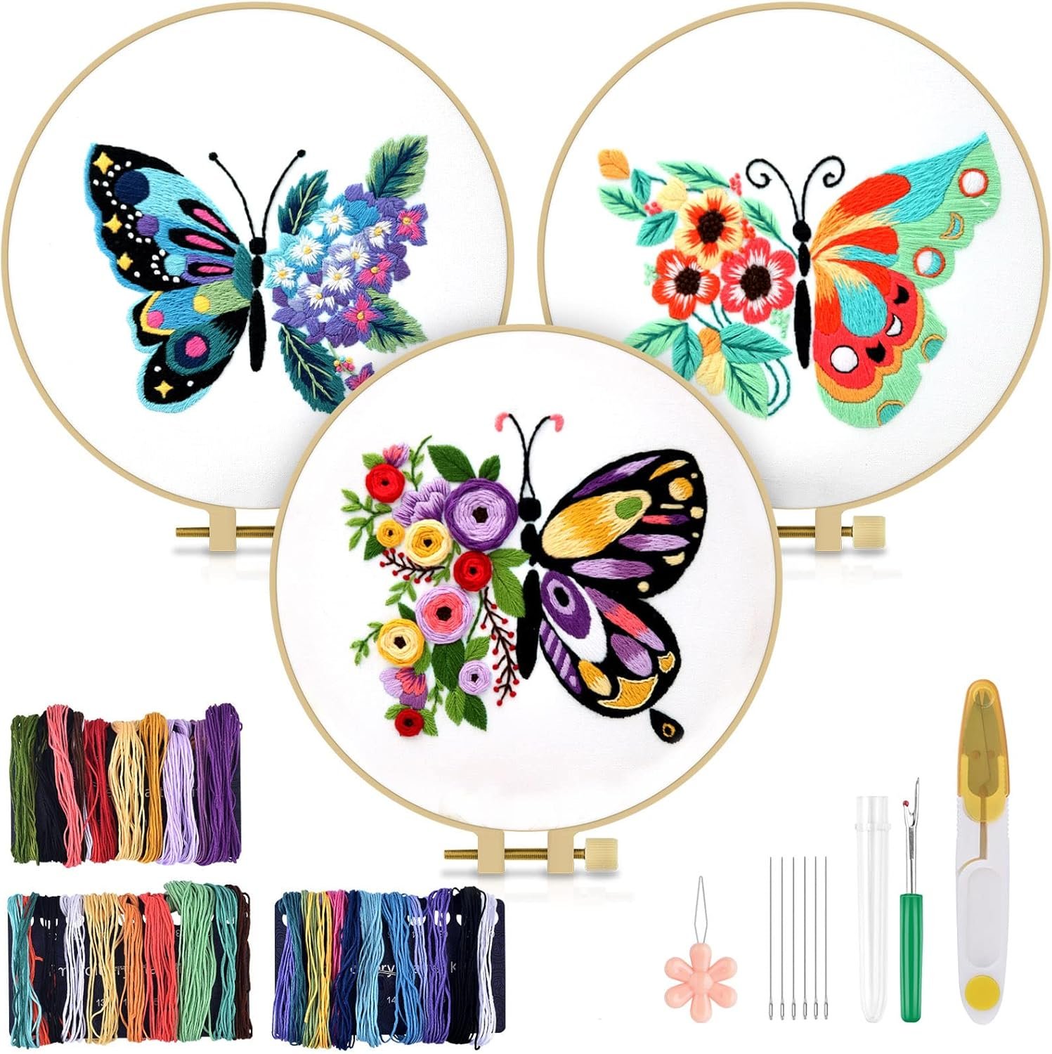 3 Sets Embroidery Stitch Practice kit, Butterfly Flower Embroidery Kit for Beginners Include Cloth Hoops Threads for Craft Lover Hand Stitch with Embroidery Skill Techniques
