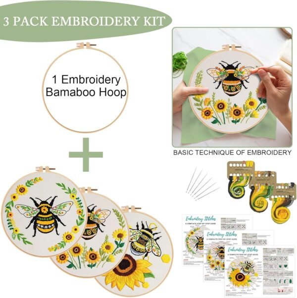 3 Pack Embroidery Kit for Beginner Adults, Cross Stitch Set with Cute Bee Patterns, Includes Cloth, Hoops, Threads, Needles, Instructions