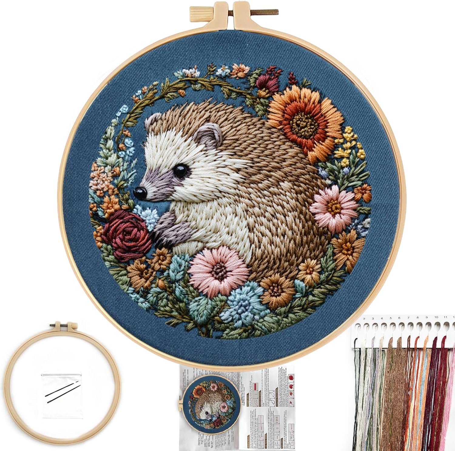 Embroidery Kit for Beginners, Cute Hedgehog Stamped Embroidery Patterns Kits for Adults with Hoop, Easy to Follow Sewing Thread Needlework, 8'' Hoop (Resilient)