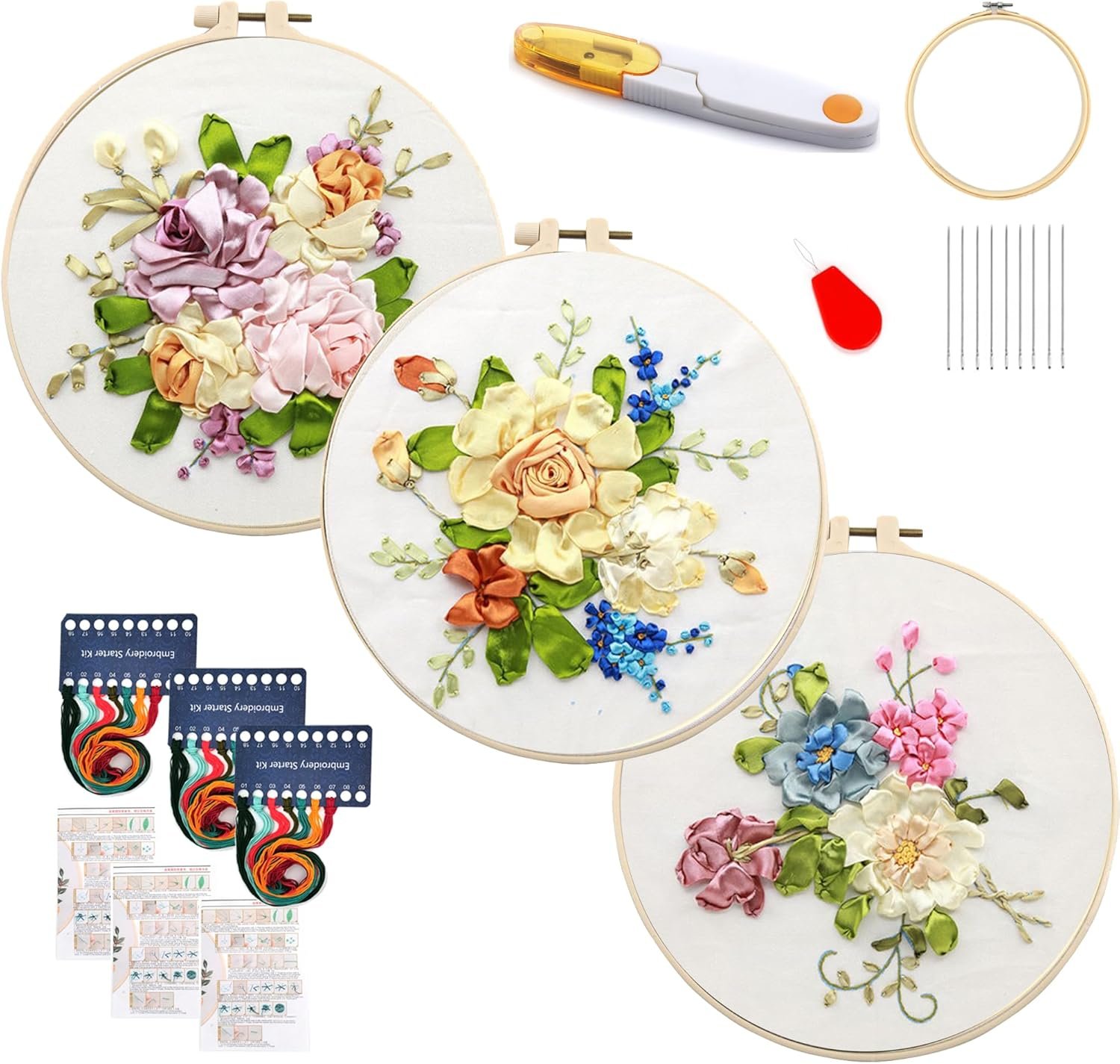 3 Pack Embroidery Starter Kit with Pattern, Stamped Cross Stitch Kits for Beginners Adults with Embroidery Hoop and Instructions, Hand Embroidery Kit (Rose Beginner Embroidery kit)